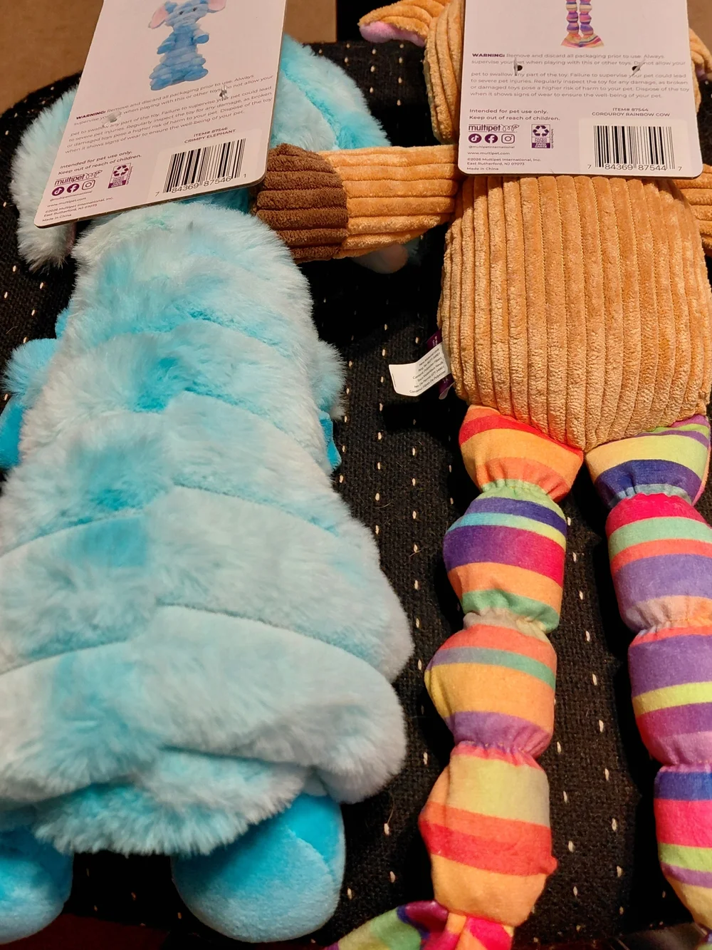 Multipet International Squeeky Dog Toy Lot Blue Elephant & Rainbow Cow Large New